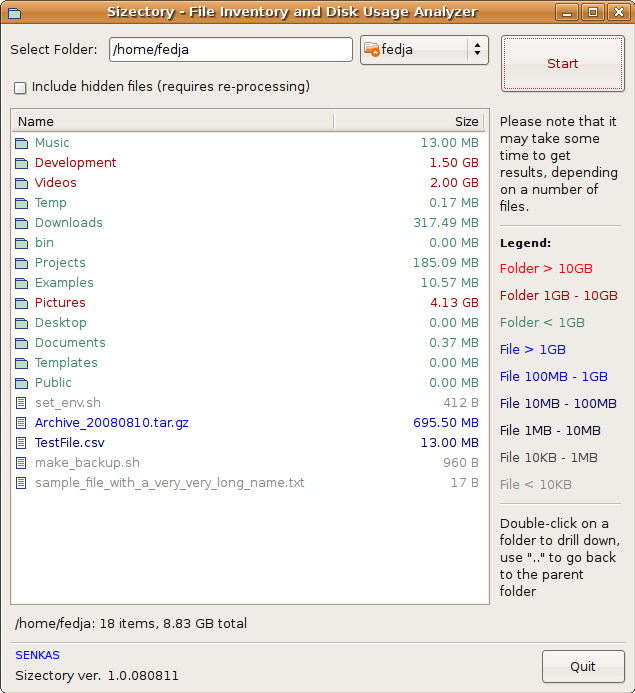 Sizectory on Linux